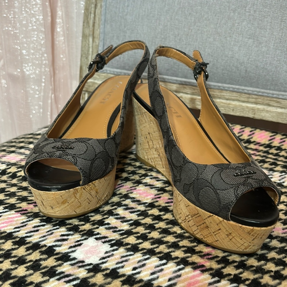Coach Canvas and Cork sling back wedges